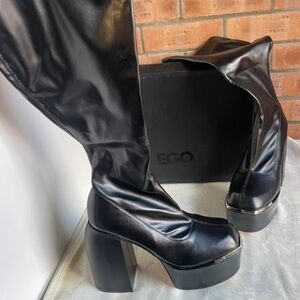 EGO Shiny Black Over the Knee Platform Boots
